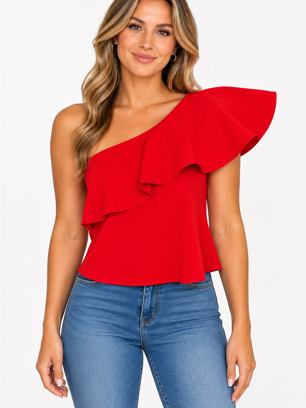 Amanda Uprichard Red One-Shoulder Ruffle Blouse